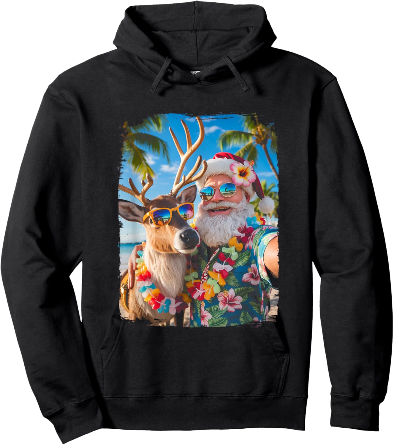 Santa and Reindeer Selfie Funny Beach Christmas in July Hoodie - Hoodie | Black