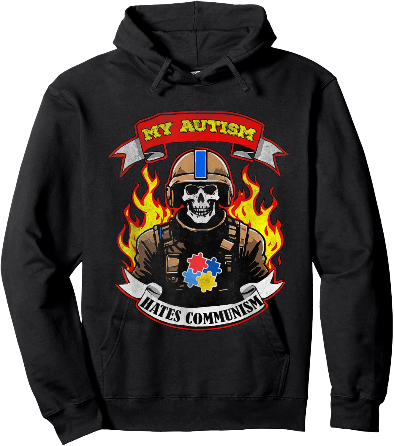 My Autism Hates Communism -Adults Black Cotton 100% Small Modern Classic Letter Print Vacation Autism Awareness Hoodie - Hoodie | Black
