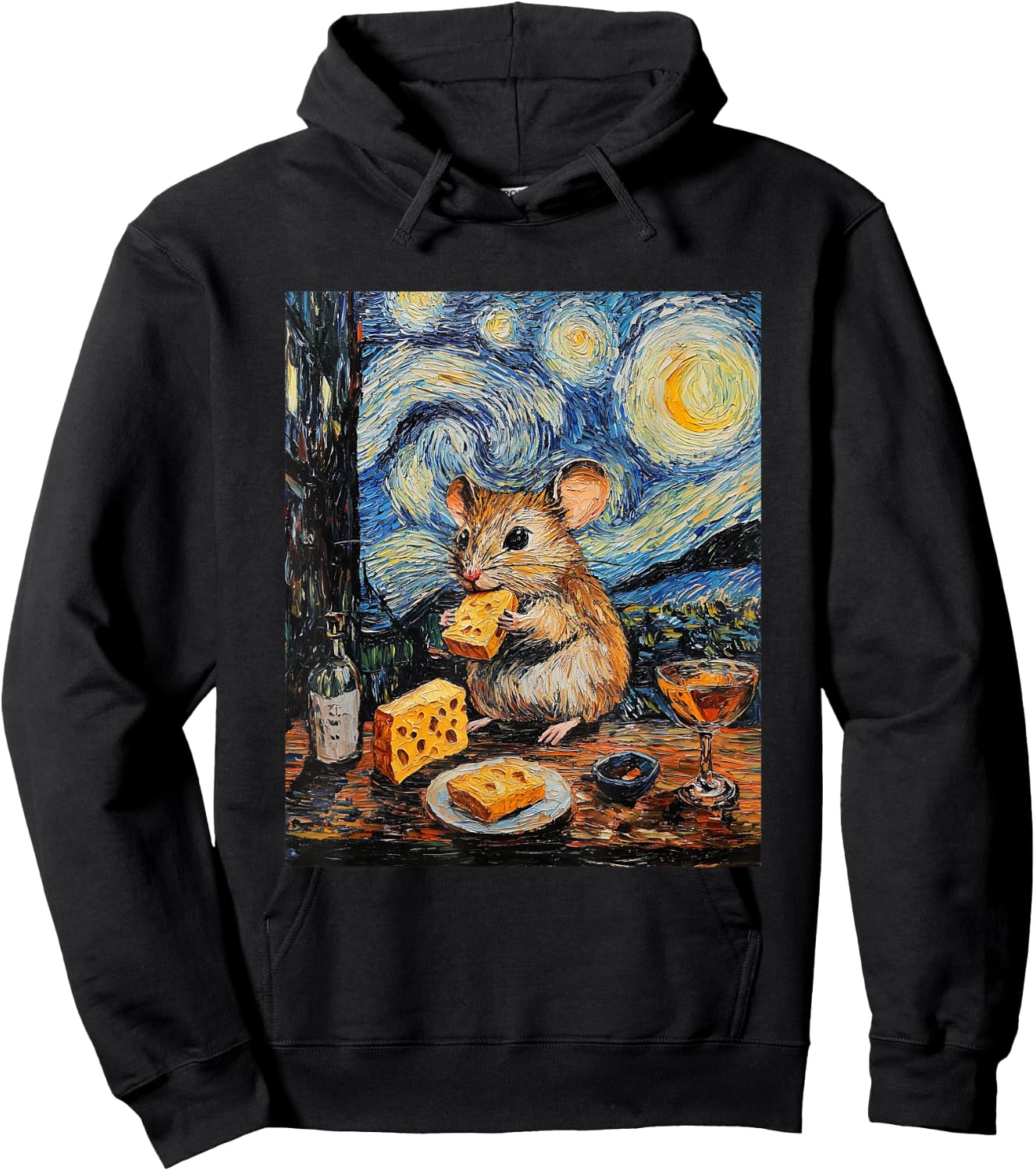 Cute Mouse Rat - Van Gogh Style - Starry Night Graphic Hoodie - Hoodie | Black