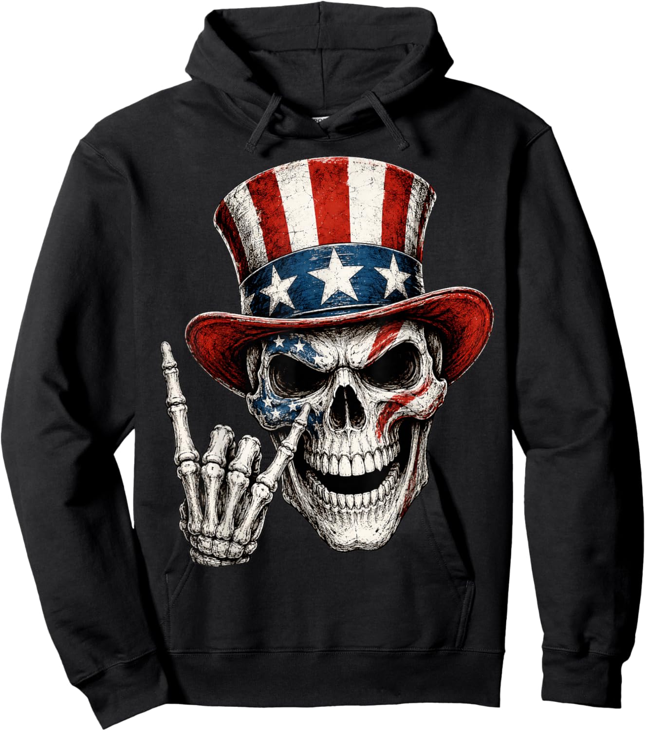 Patriotic Skeleton 4th of July Rock Hand USA American Flag Hoodie - Hoodie | Black