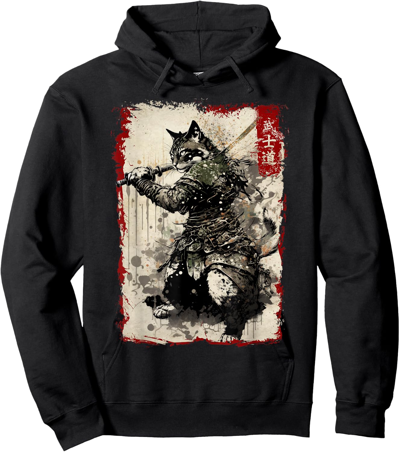 Samurai Cat Warrior Vintage Japanese Art Anime Hoodie - Hoodie | Black