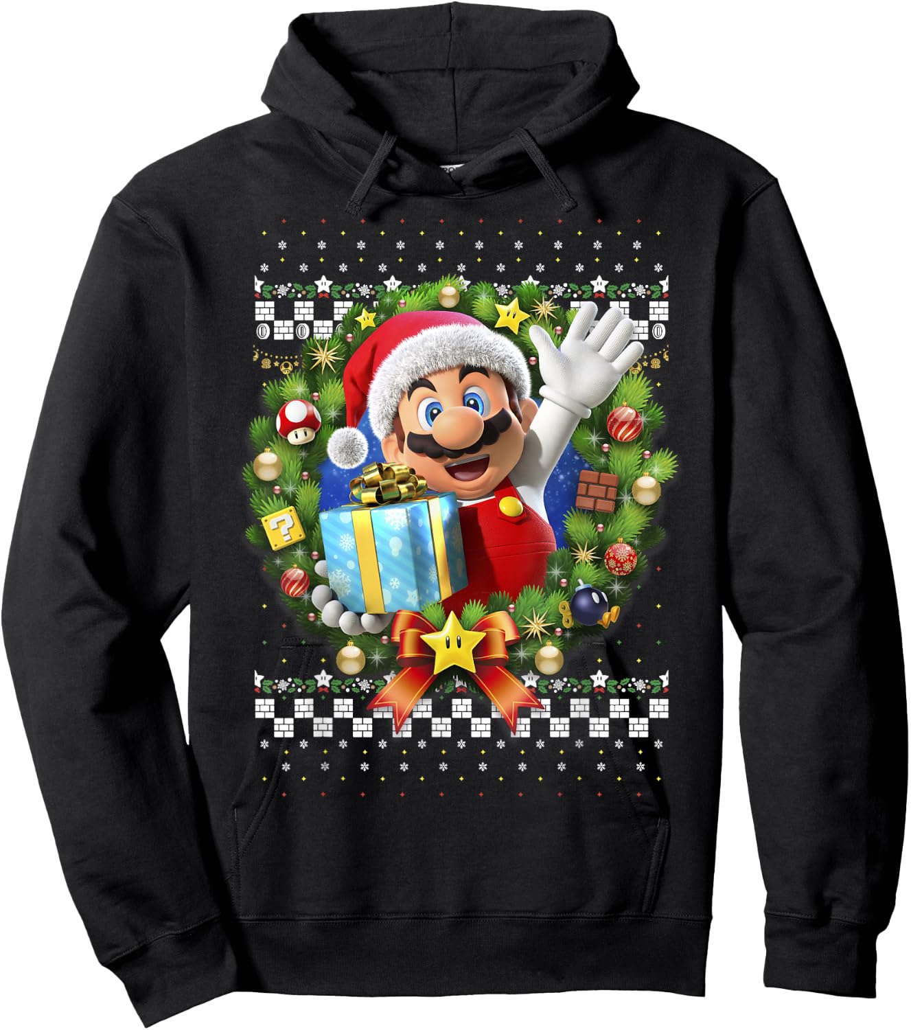Super Mario 3D Christmas Wreath Present Graphic Short Sleeve Hoodie - Hoodie | Black