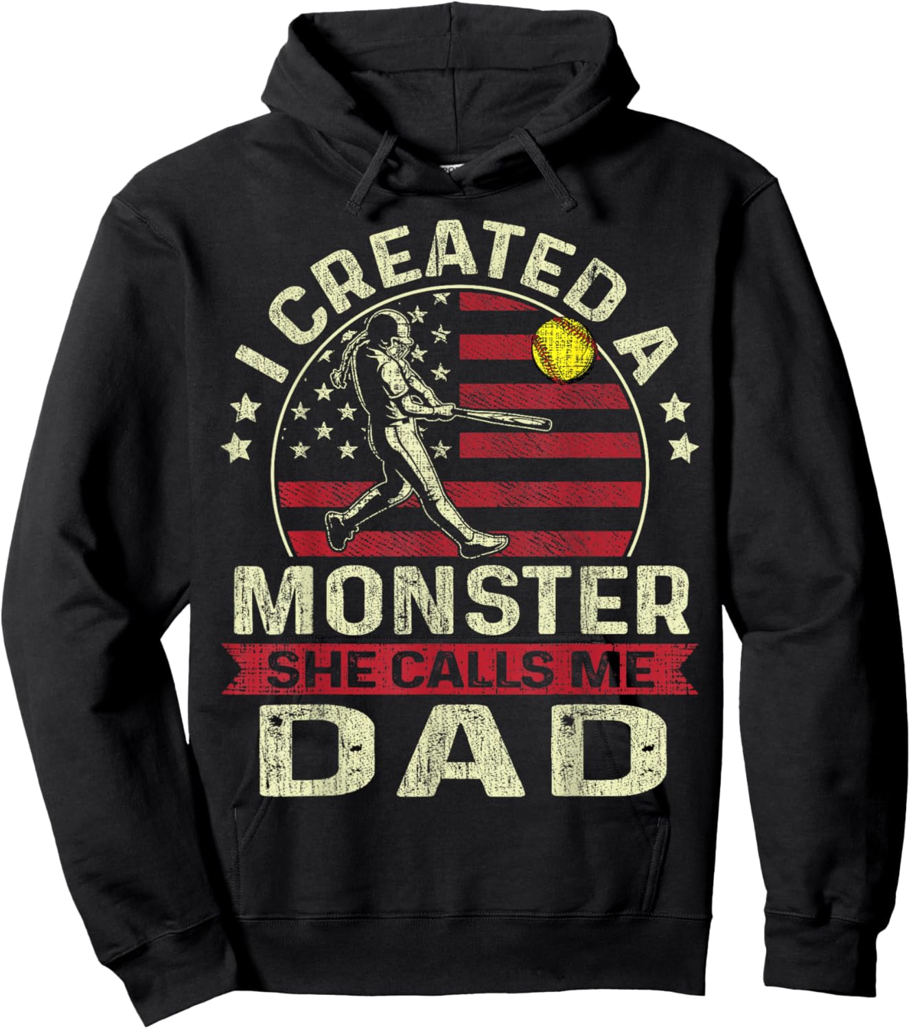 Softball Dad US Flag I Created A Monster She Calls Me Dad Hoodie - Hoodie | Black