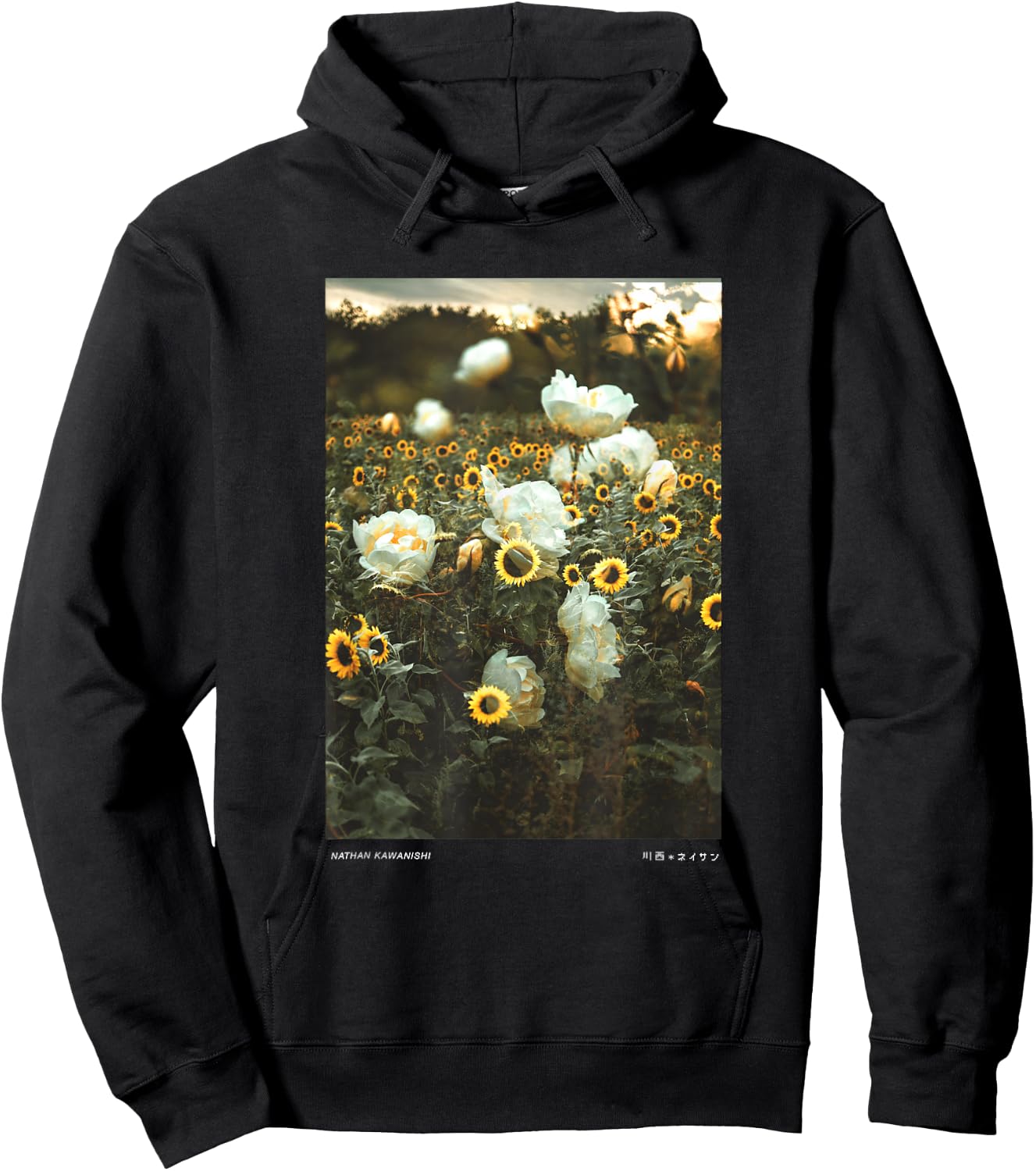 Nathan Kawanishi Aesthetic Modern Floral Sunflower - Women's Classic Fit Black Short Sleeve Small Hoodie - Hoodie | Black
