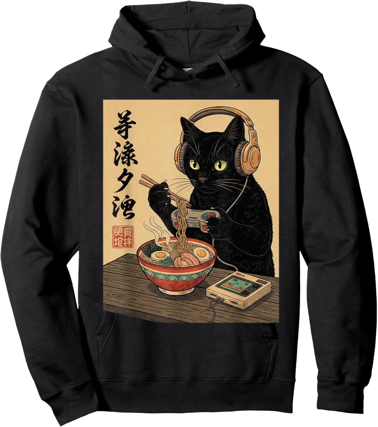 Cute Kawaii Gamer Cat Funny Ramen Retro Japanese Cat Gaming Hoodie - Hoodie | Black