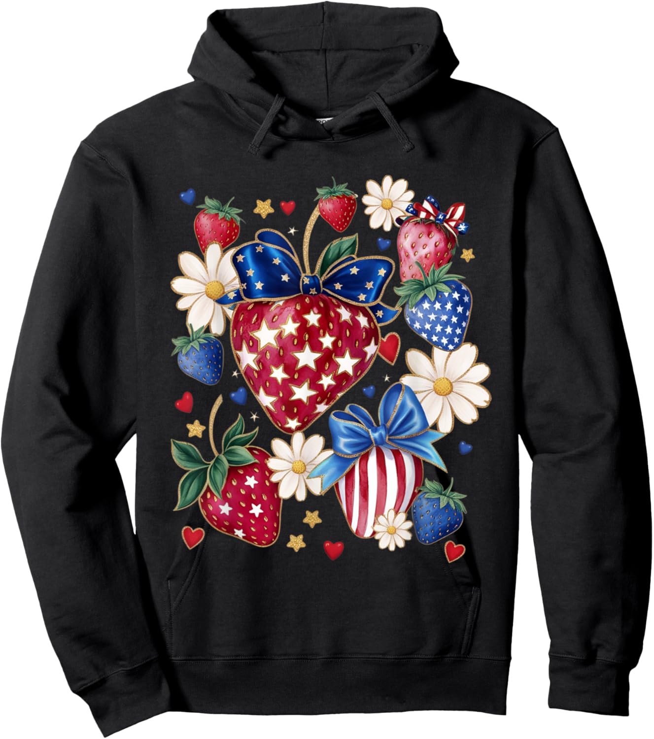 Patriotic Strawberry 4th of July Boho Hoodie - Hoodie | Black