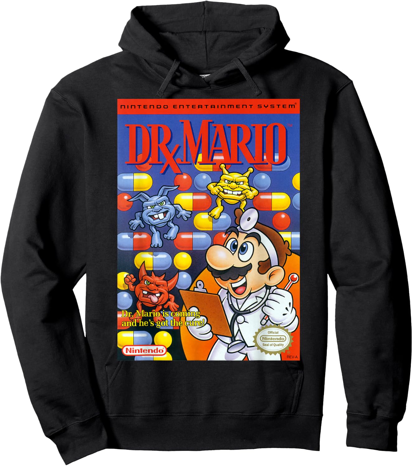 Super Mario Dr Mario Retro NES Game Cover Poster Hoodie - Hoodie | Black