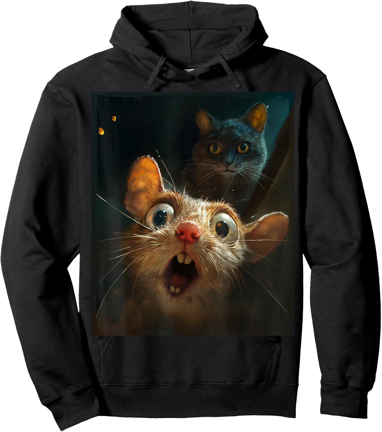 Funny Surprised Scared Mouse Selfie in Front of Sneaky Cat Hoodie - Hoodie | Black
