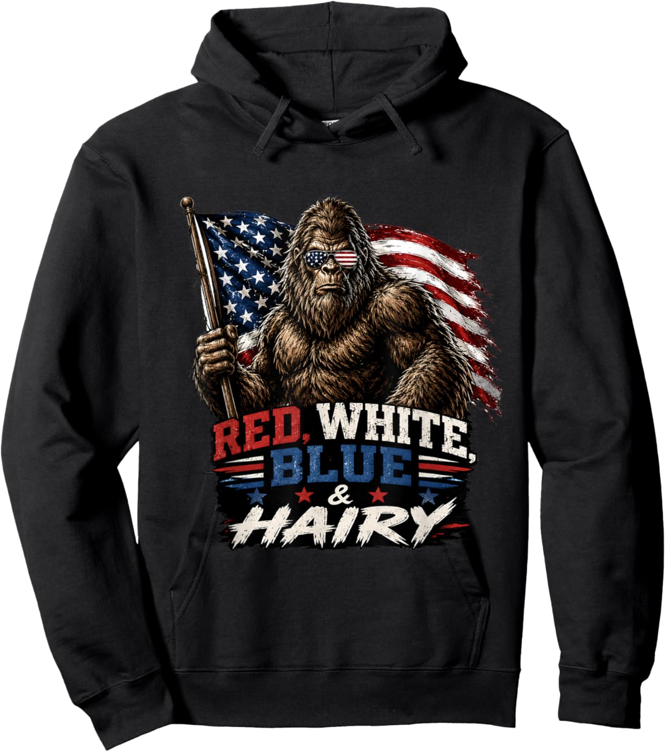 Red White Blue & Hairy Patriotic Bigfoot American USA Flag Hoodie - Hoodie | Black