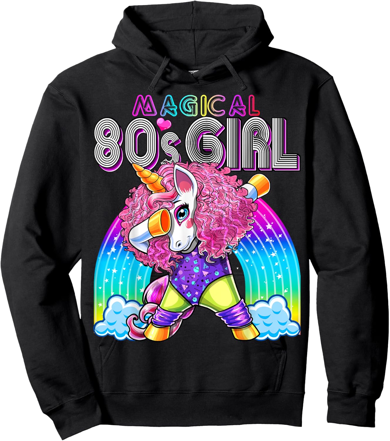 Magical 80's Girl Dabbing Unicorn Leotard Leg Warmers Party Hoodie - Hoodie | Black