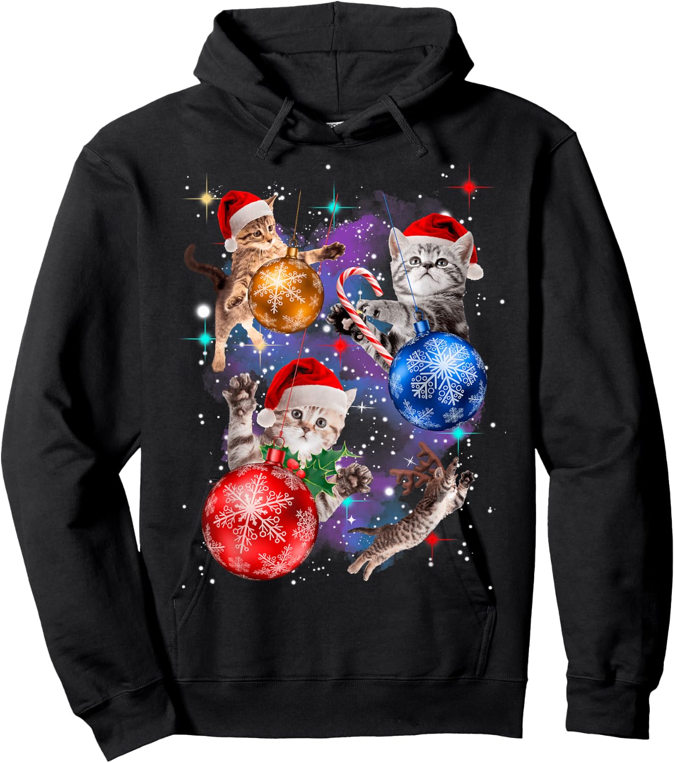 Cute Christmas Cats In Space Ornaments Hoodie - Hoodie | Black