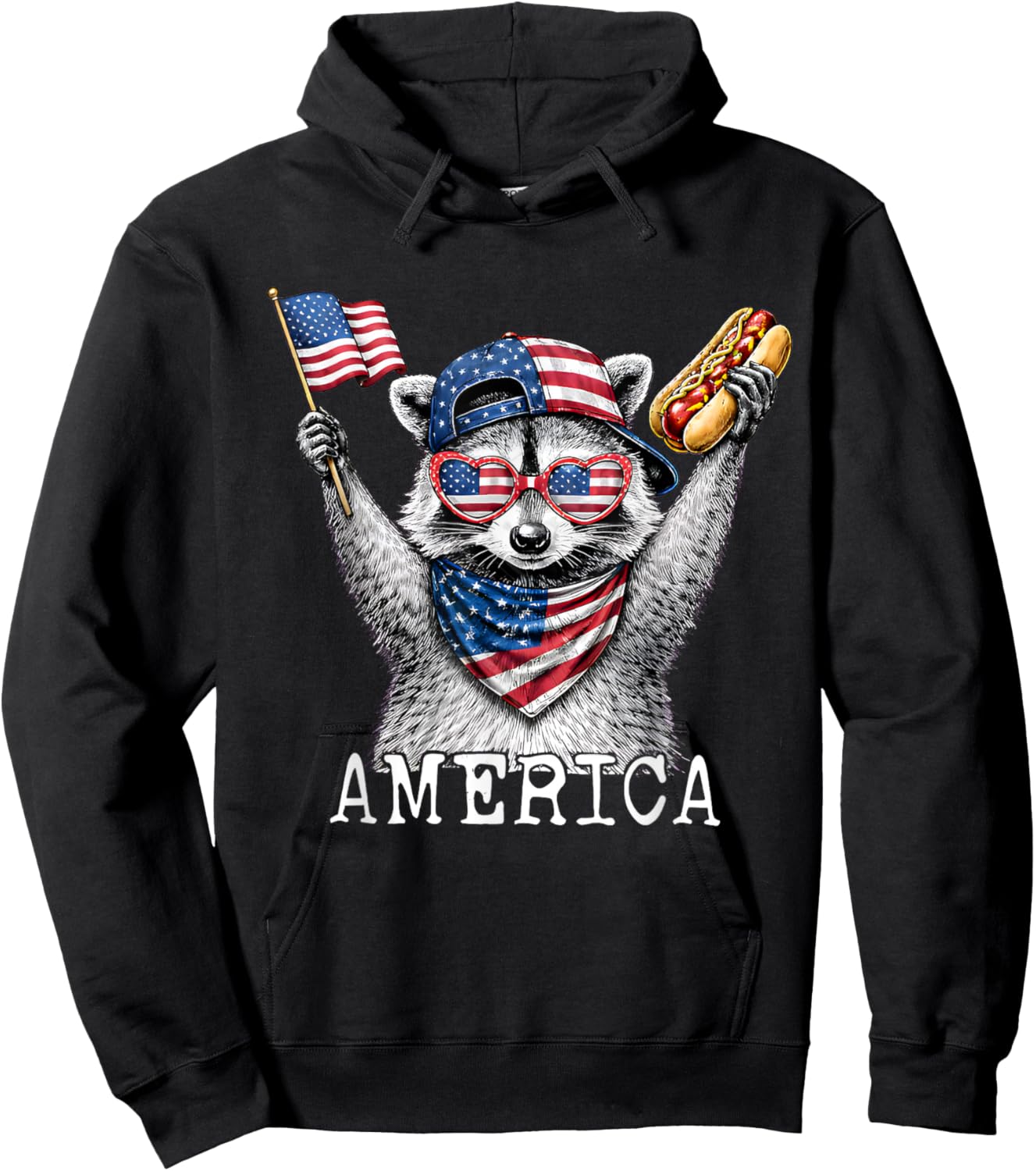 Funny Raccoon 4th of July American Flag Patriotic Raccoon Hoodie - Hoodie | Black
