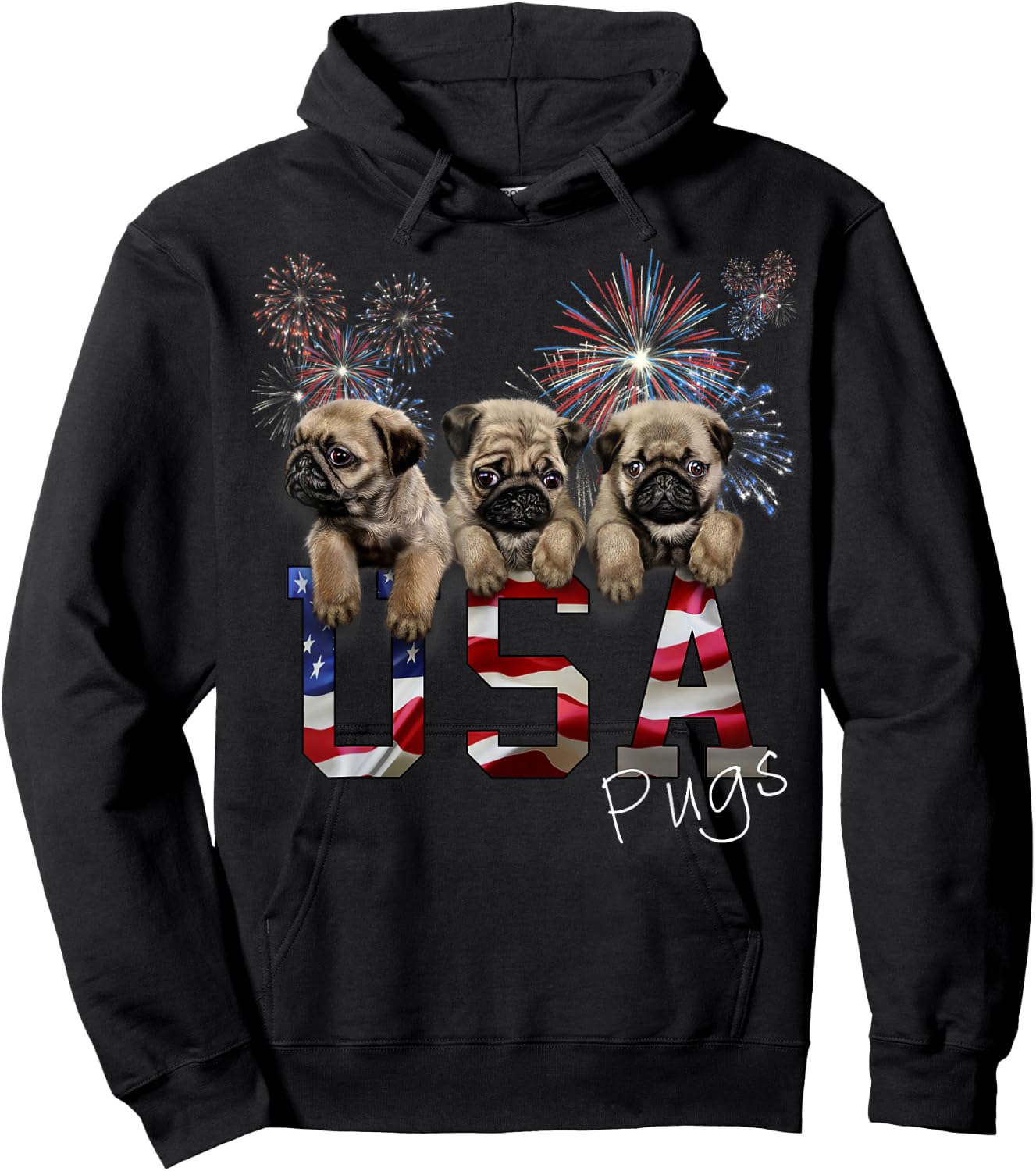 USA Patriot Pug Puppy Dog with Fireworks Women Kids Men Hoodie - Hoodie | Black