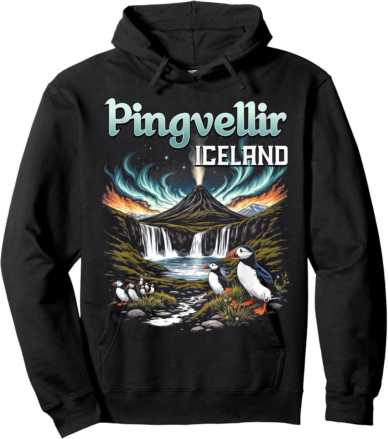 Þingvellir Iceland Souvenir Icelandic Volcano Puffin Birds Hoodie - Hoodie | Black