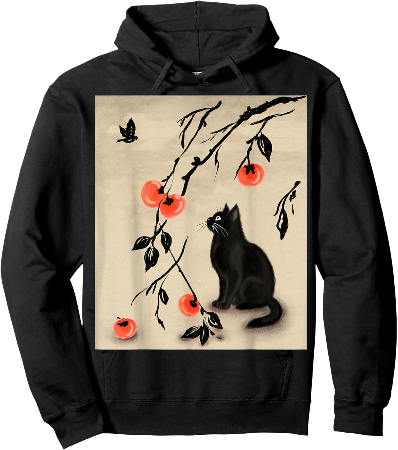 Minimal Cat and Persimmons with Bird in Sumi-e Scene Art Hoodie - Hoodie | Black