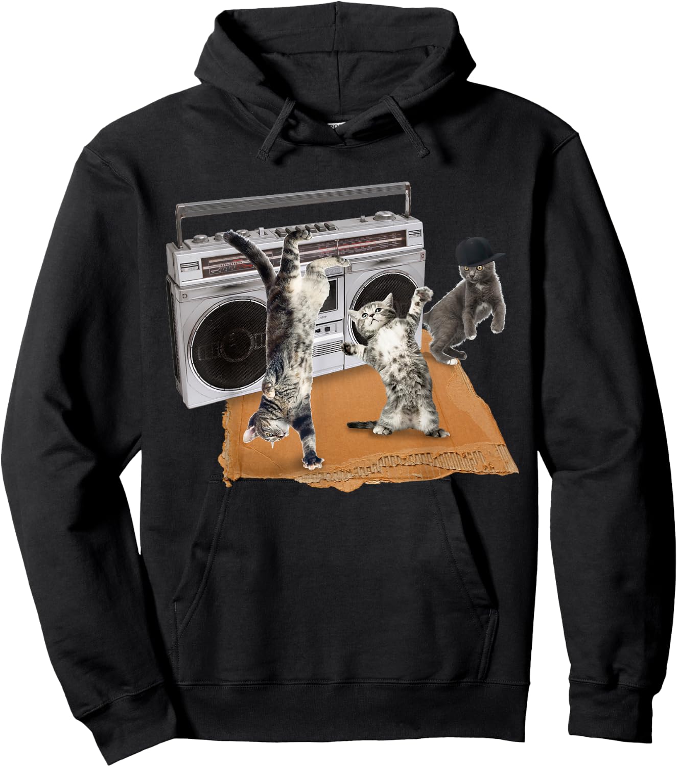 Breakdancing Kitties Cardboard & Boombox Cat Men Women Girls Kids Hoodie - Hoodie | Black