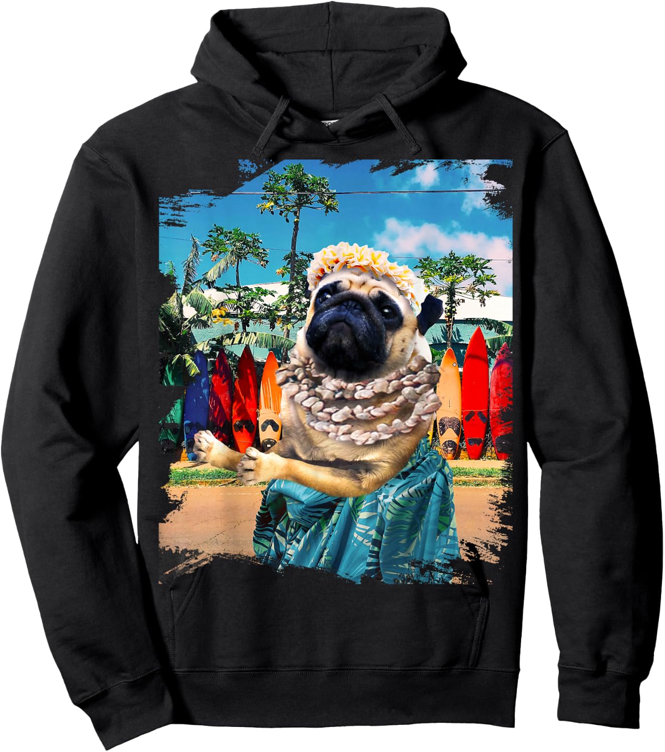 Cute Aloha Pug Hawaiian - , Small, Black, Short Sleeve, Cotton 100% Hoodie - Hoodie | Black