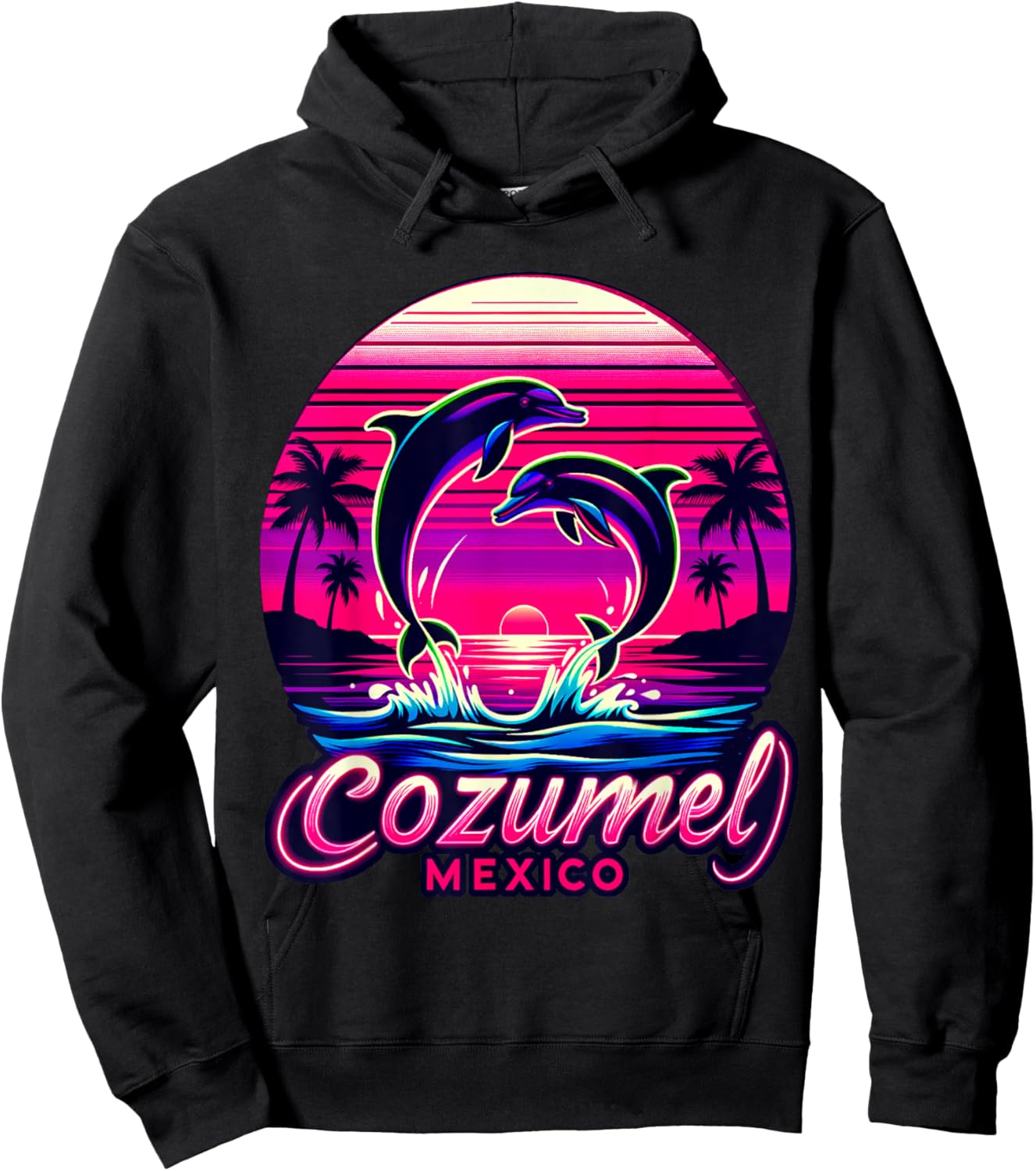 Cozumel Mexico with Palm Trees, Sunset and Dolphins Hoodie - Hoodie | Black
