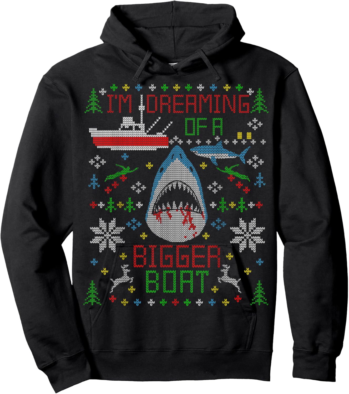 Great White Shark Fishing Ugly Christmas Sweater Party Shirt Hoodie - Hoodie | Black