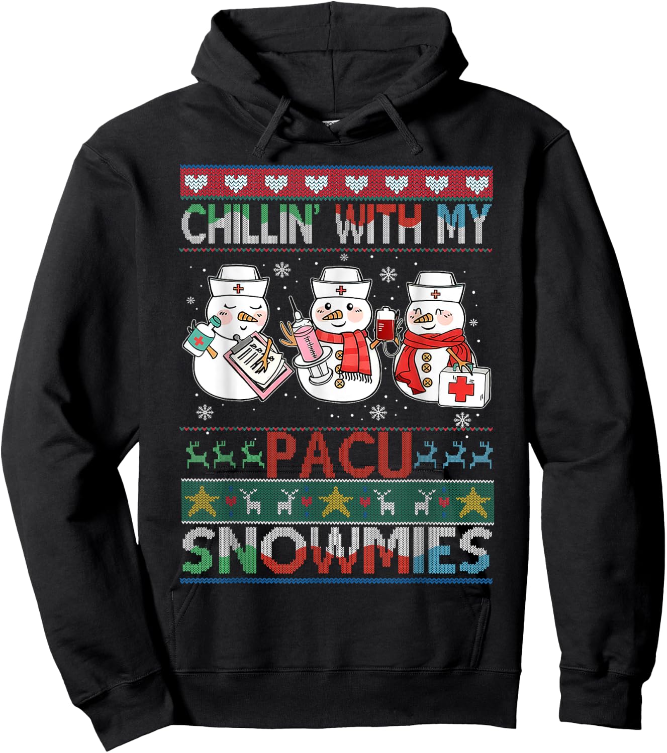 Chilling with my snowmies PACU Nurse Ugly Christmas Sweater Hoodie - Hoodie | Black
