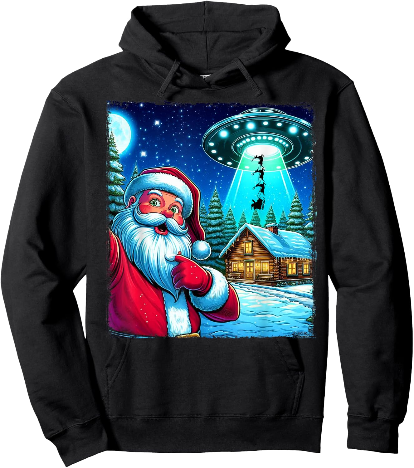 Santa Claus Shocked UFO Alien Reindeer Abduction Selfie Xmas Hoodie - Hoodie | Black