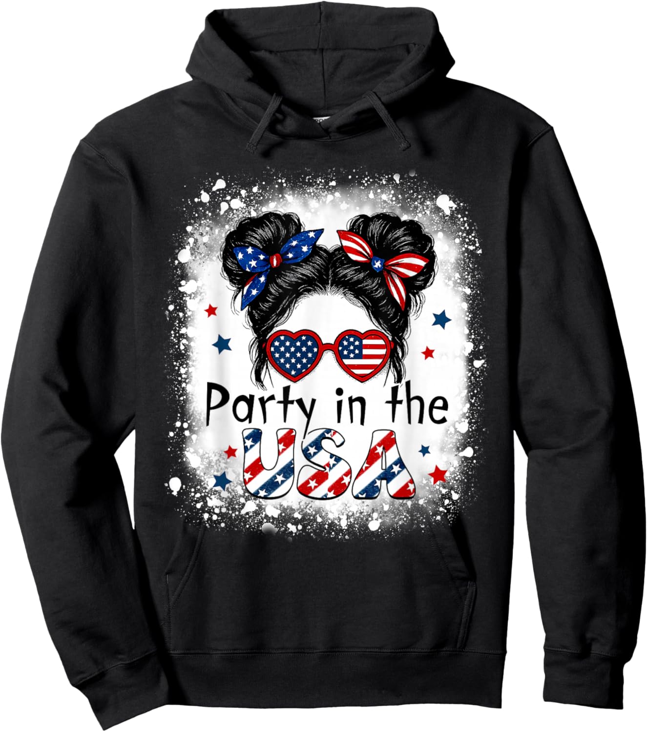 Party In USA Girls 4th of July Shirt Daughter Messy Bun USA Hoodie - Hoodie | Black