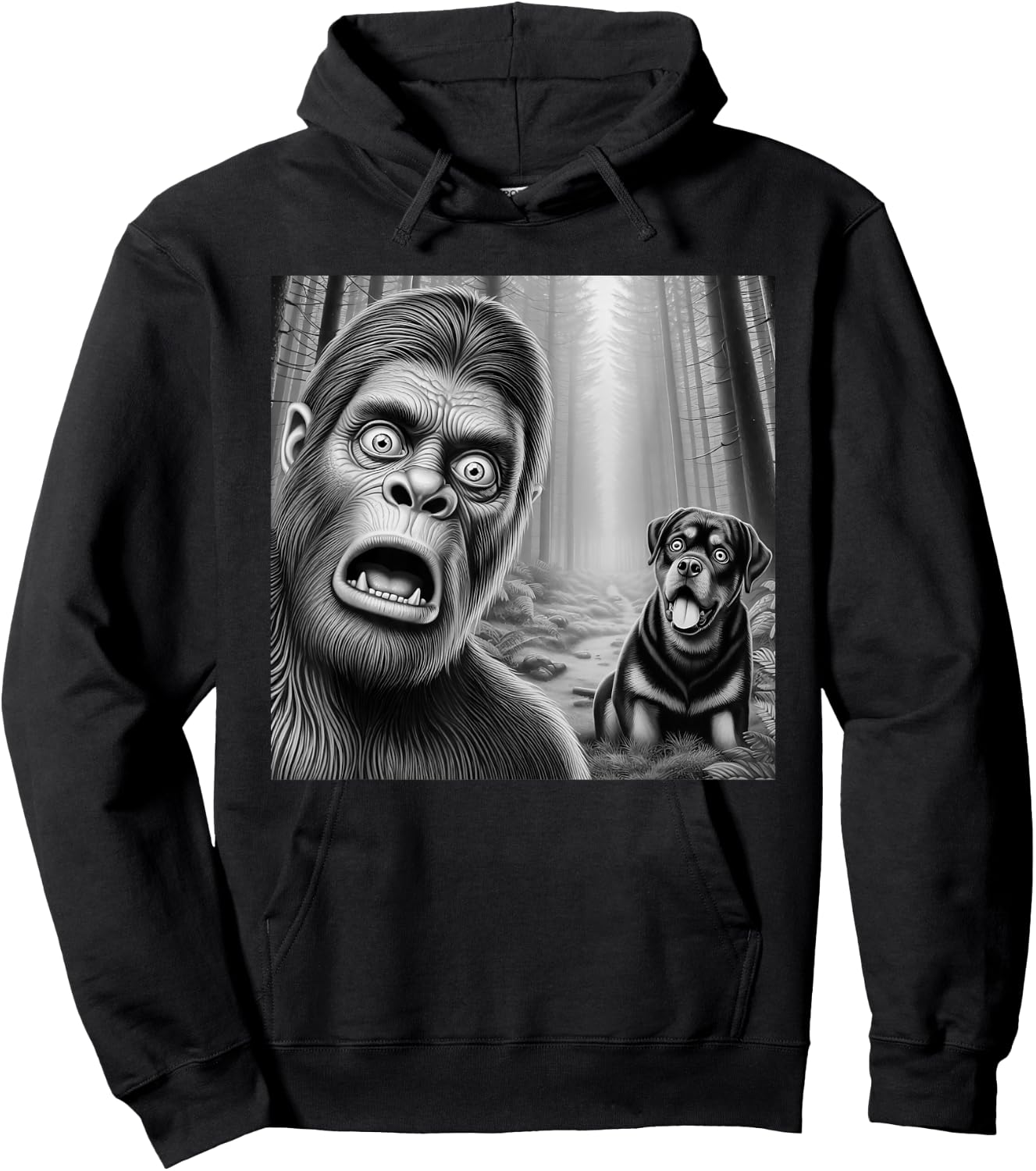 Surprised Bigfoot selfie with rottweiler sasquatch funny Hoodie - Hoodie | Black