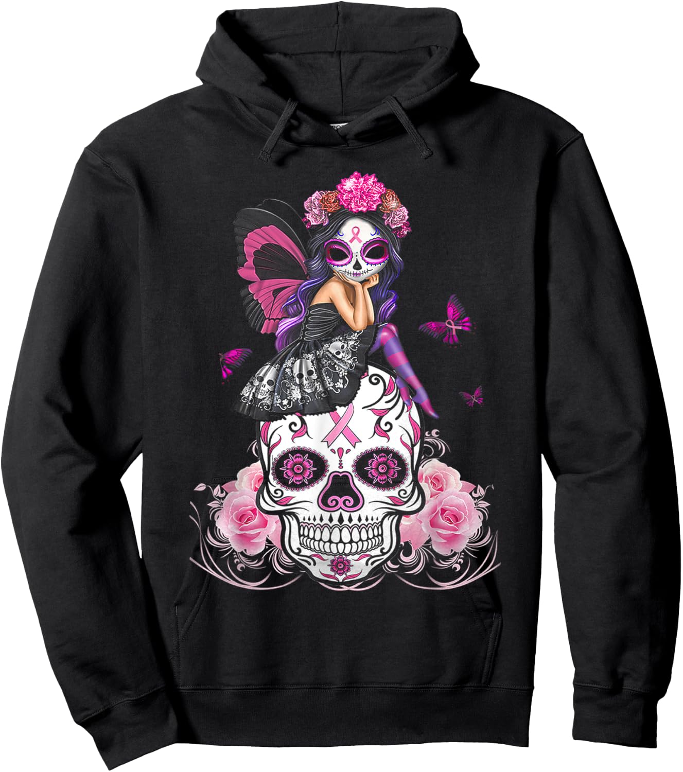 Fairy Sugar Skull Breast Cancer Butterfly Pink Ribbon Woman Hoodie - Hoodie | Black