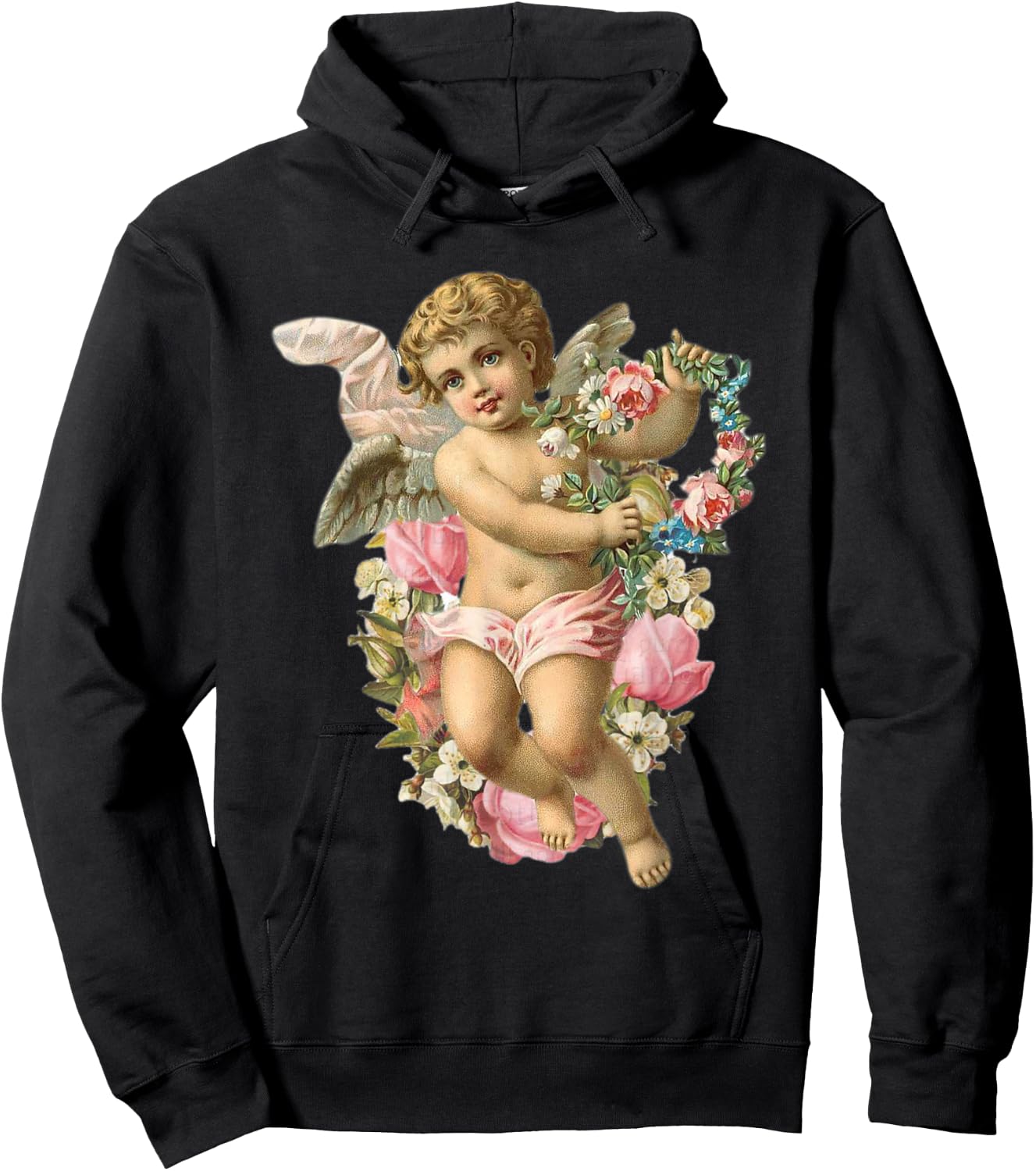 Angelic Vintage Cherub with Daisies & Pink roses Hoodie - Hoodie | Black