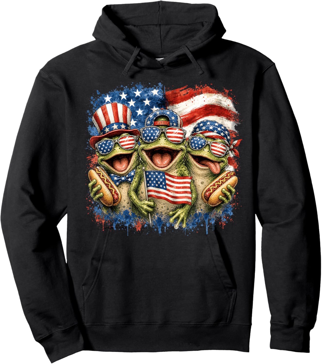 Patriotic Frog American Flag 4th of July Hoodie - Hoodie | Black