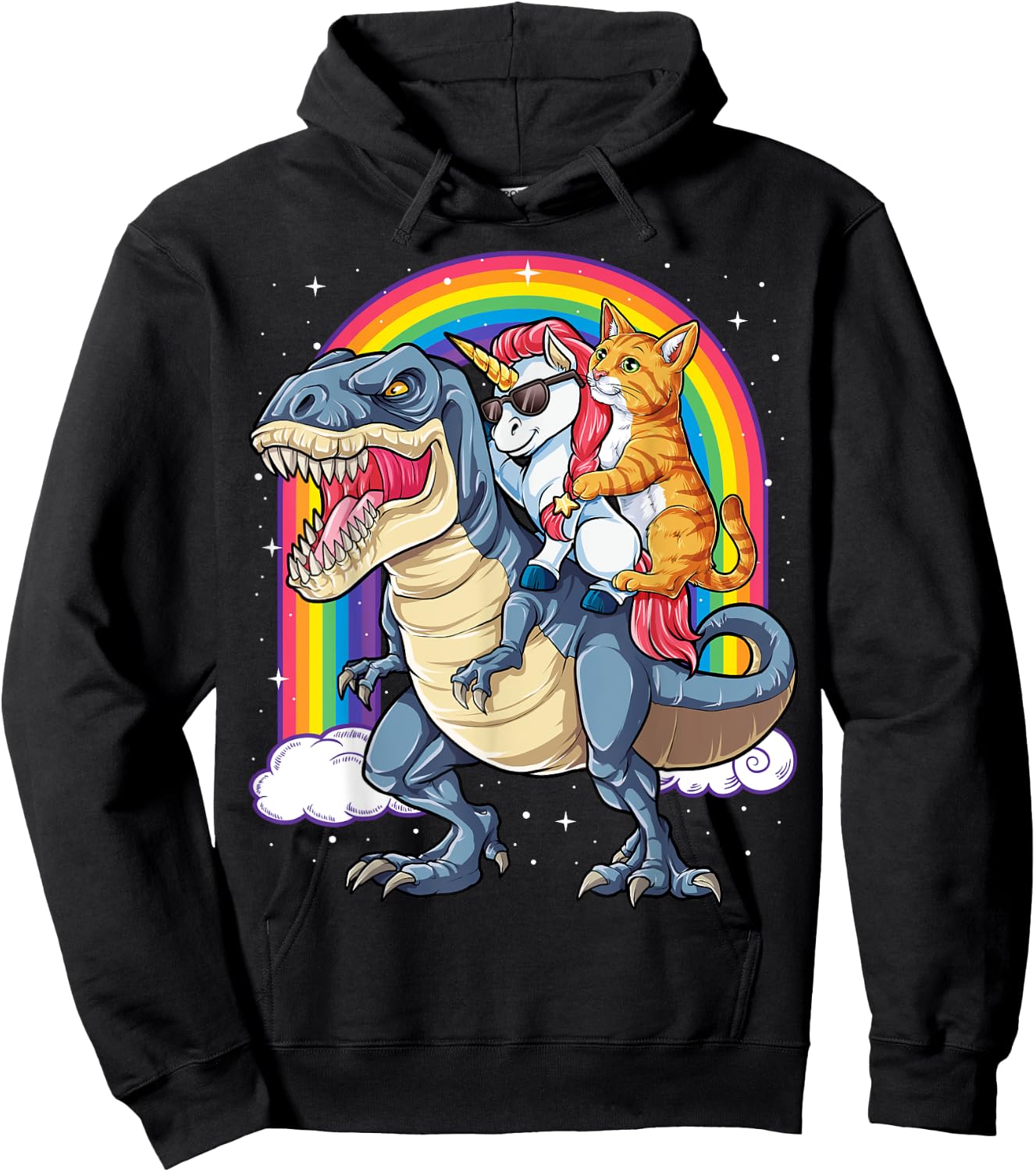 Cat Unicorn Riding Dinosaur T rex Kitten Lover Space Galaxy Women Kids Hoodie - Hoodie | Black