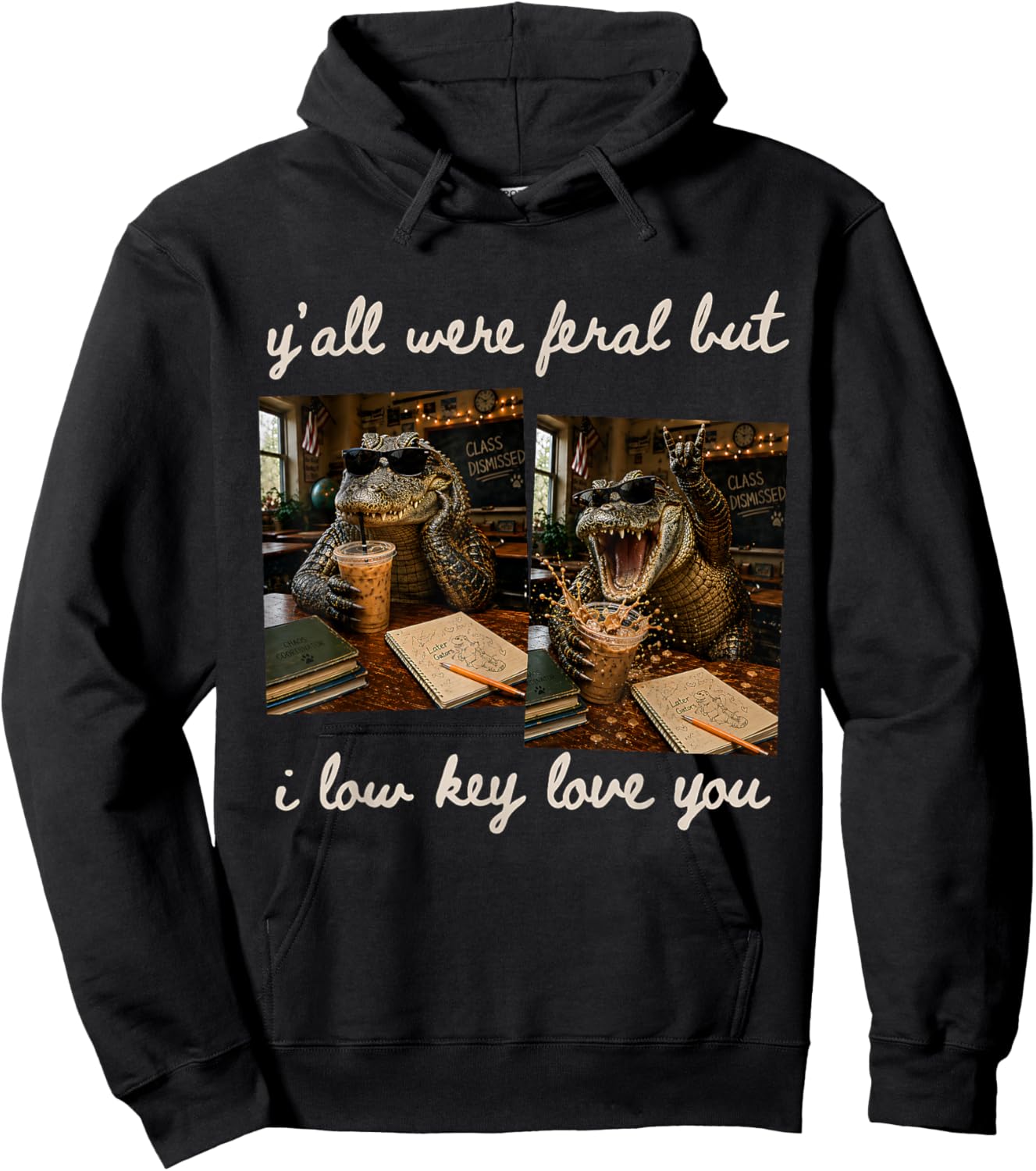 Funny Y'all were Feral But I Low Key Love You Retro Teacher Hoodie - Hoodie | Black