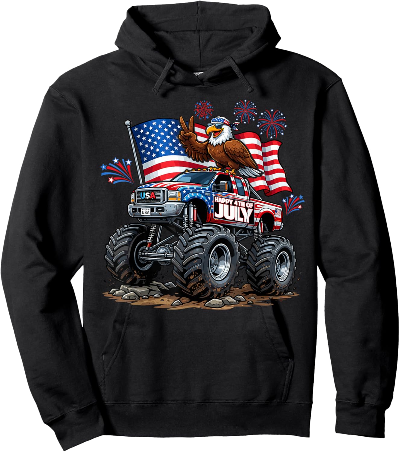 Monster Truck Bald Eagle USA Patriotic Shirt 4th of July Hoodie - Hoodie | Black