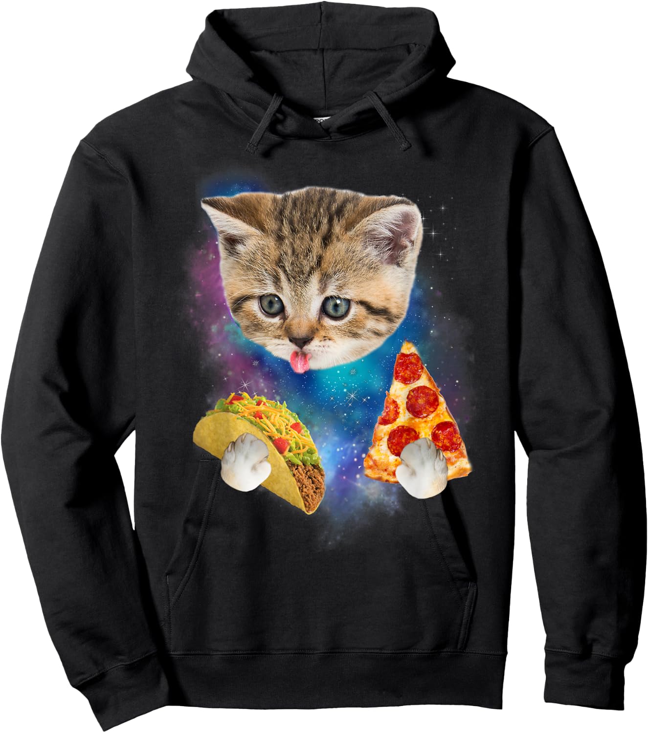 Funny Galaxy Taco Cat | Space Cat Eat Pizza and Taco Hoodie - Hoodie | Black