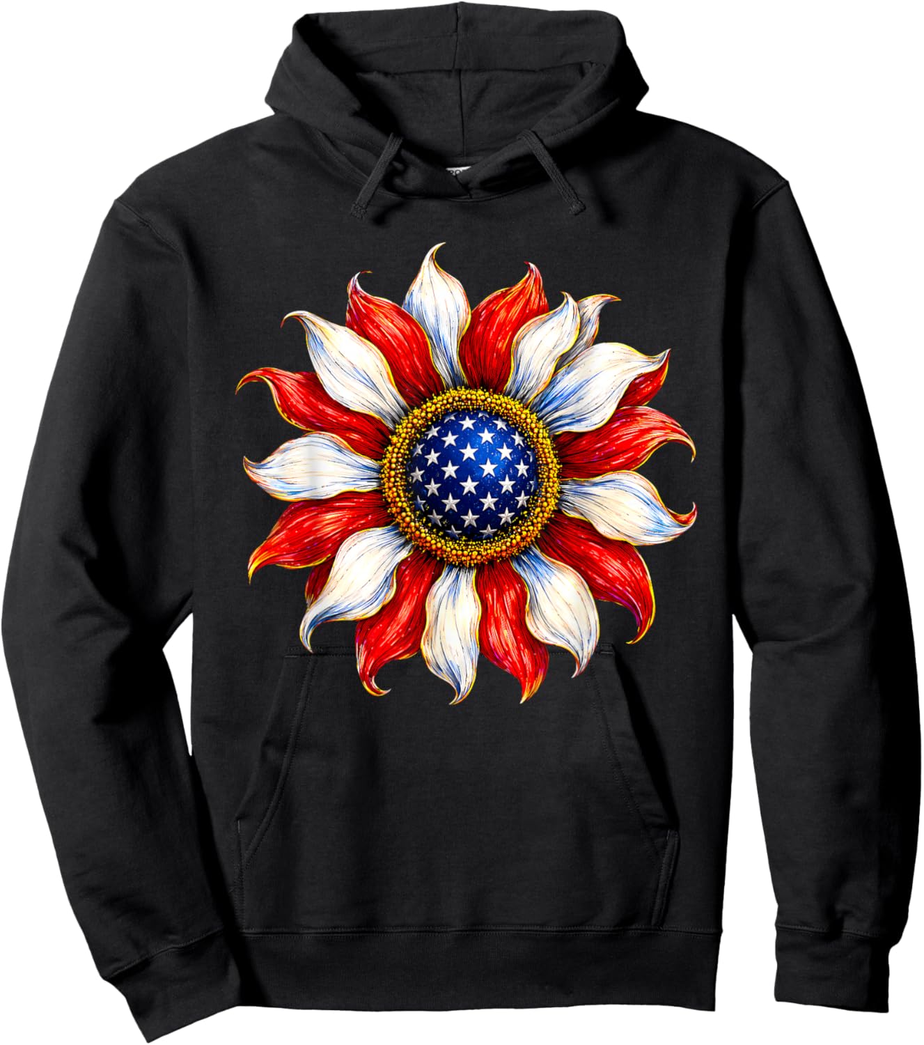 Sunflower USA American Flag 4th of July Patriotic Women Men Hoodie - Hoodie | Black