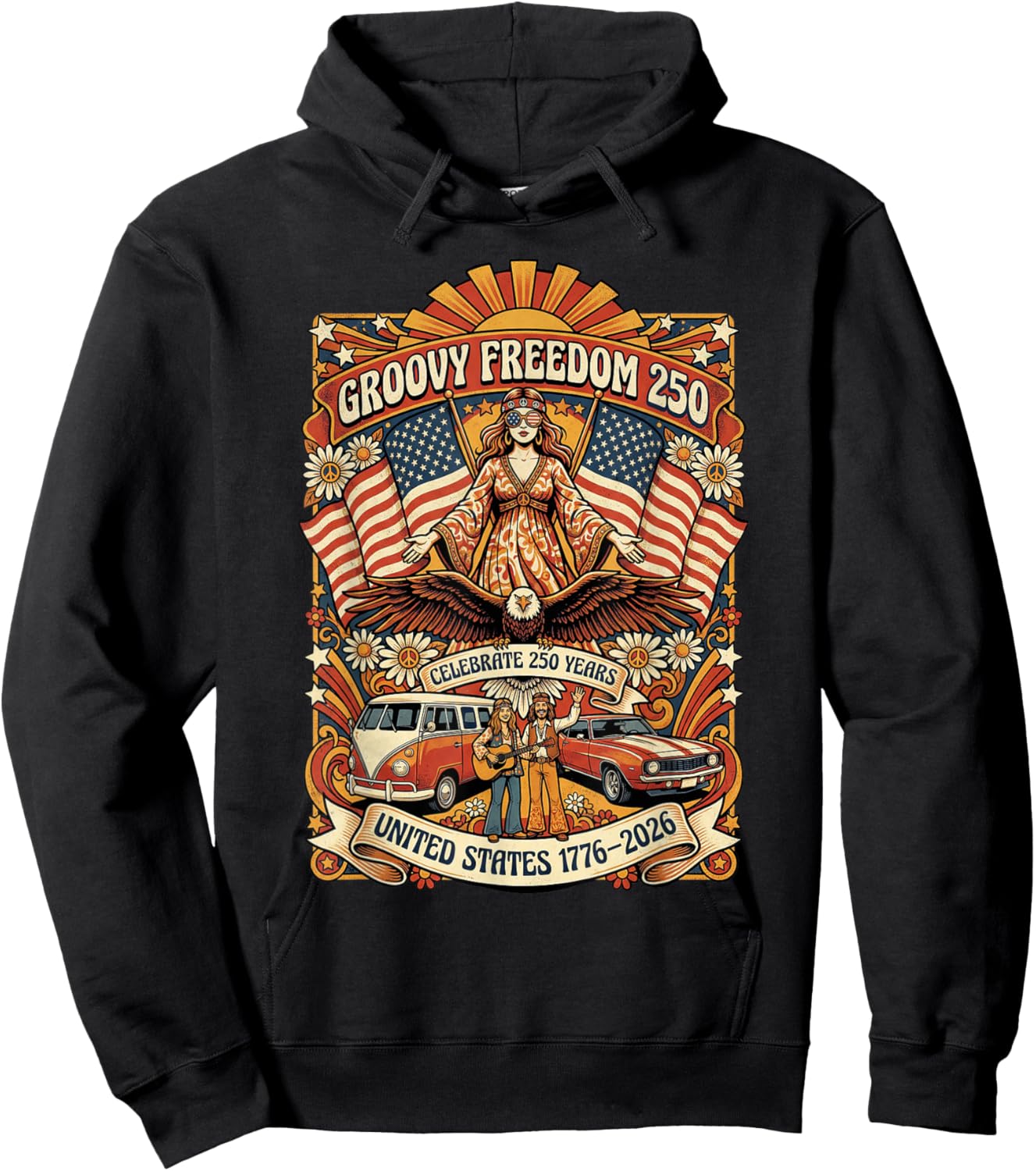 United States 1776 2026 Flower Power Roadtrip Design Hoodie - Hoodie | Black