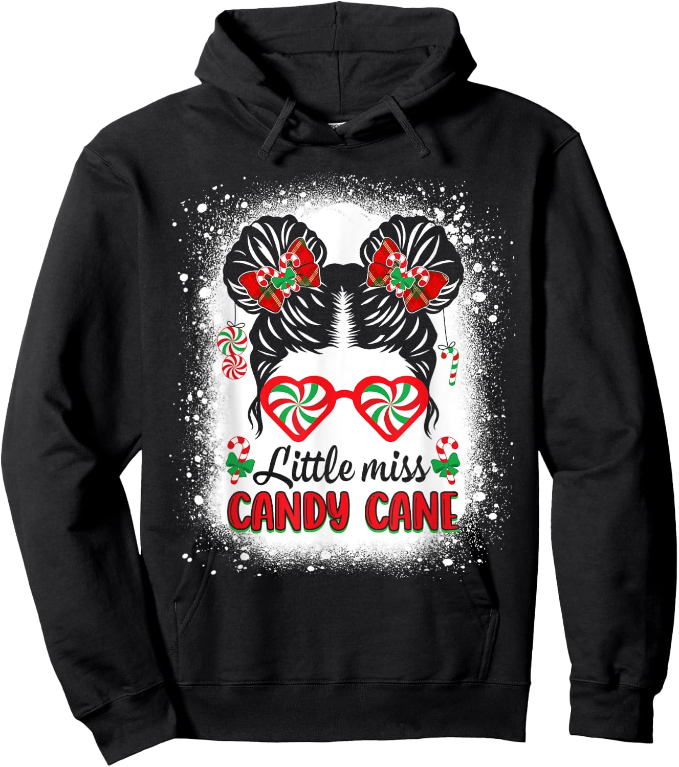 Littles Miss Candy Cane Bow Messy Bun Santa Christmas Party Hoodie - Hoodie | Black