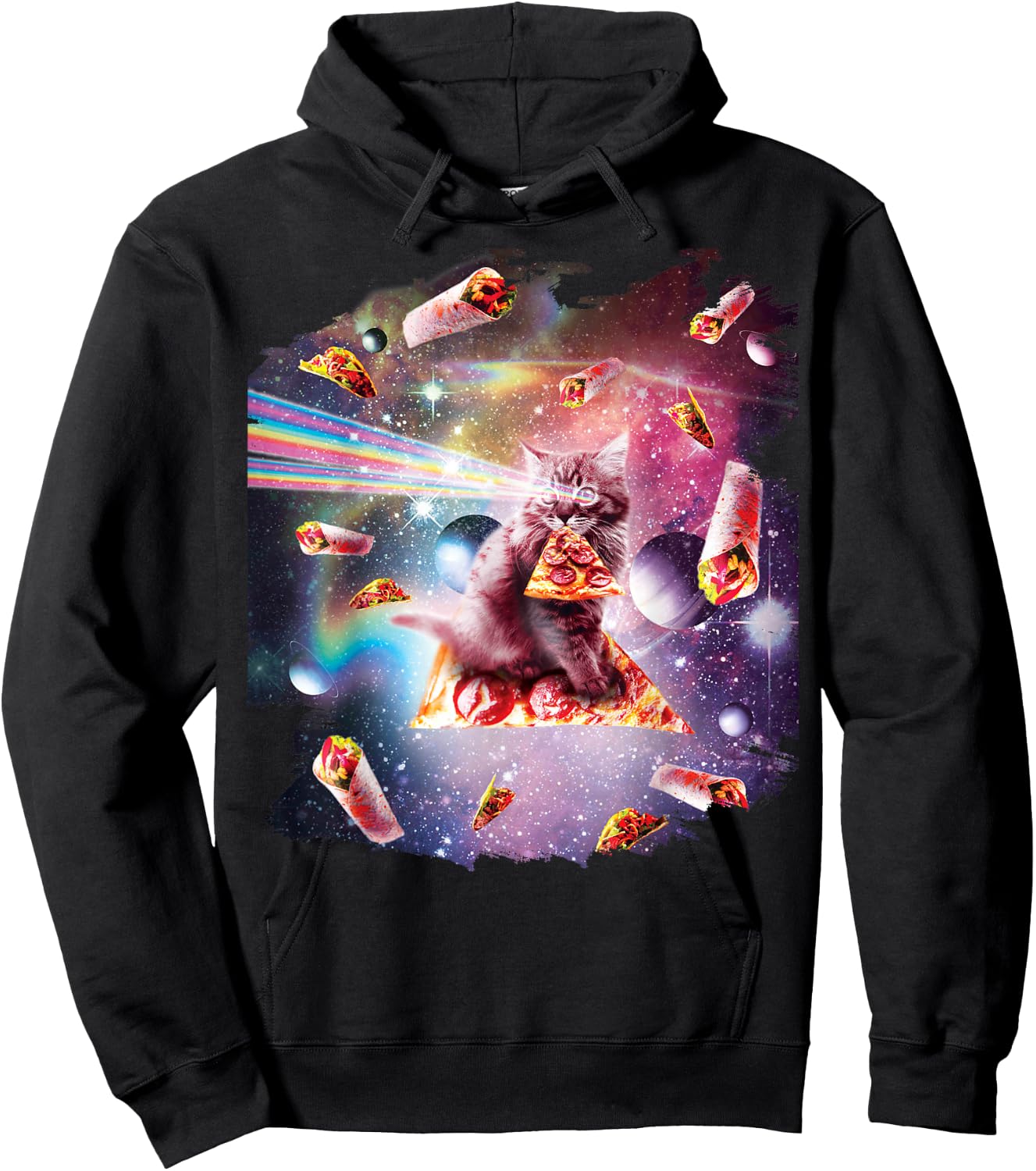 Outer Space Pizza Cat - Rainbow Laser, Taco, Burrito Hoodie - Hoodie | Black