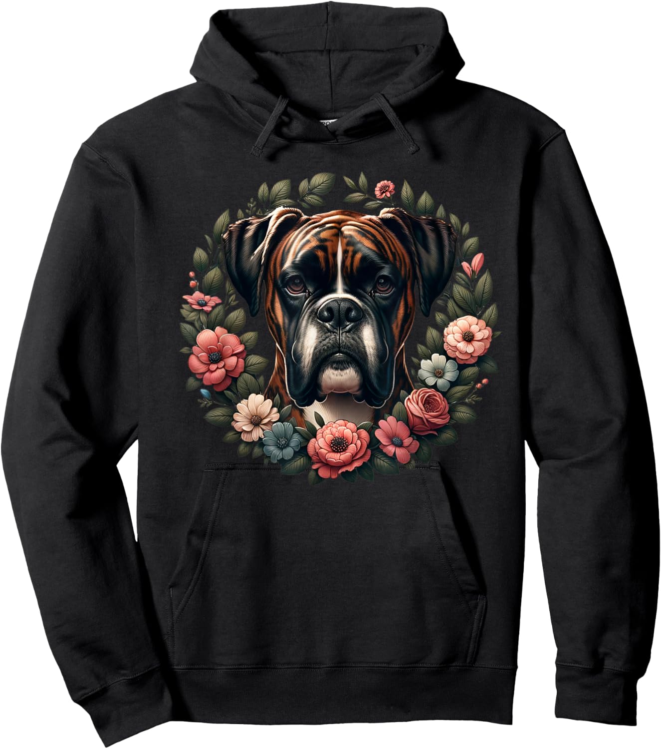 Adults & Kids Retro Floral Wreath Boxer Dog Lover - Black, Small, Short Sleeve Hoodie - Hoodie | Black