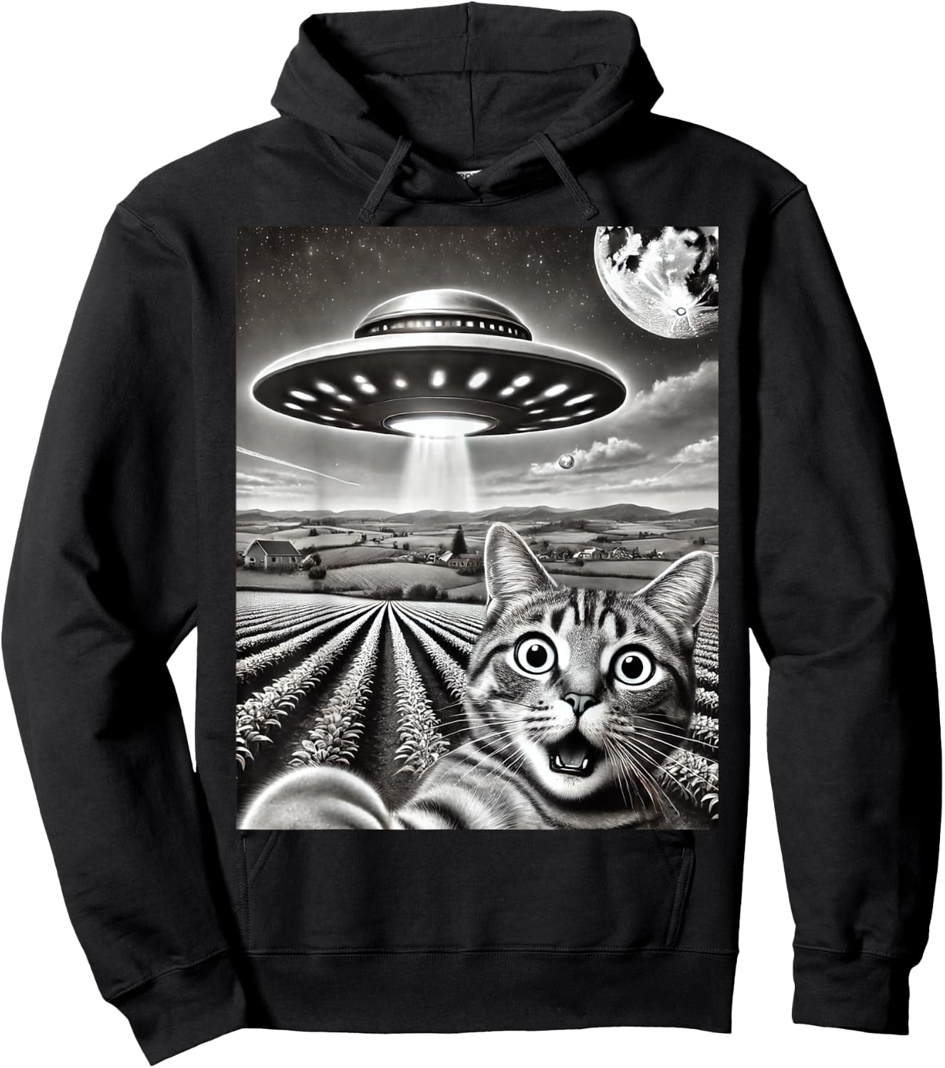 Cat Selfie With Alien UFO Funny Cat Weird Graphic Men Women Kids Hoodie - Hoodie | Black
