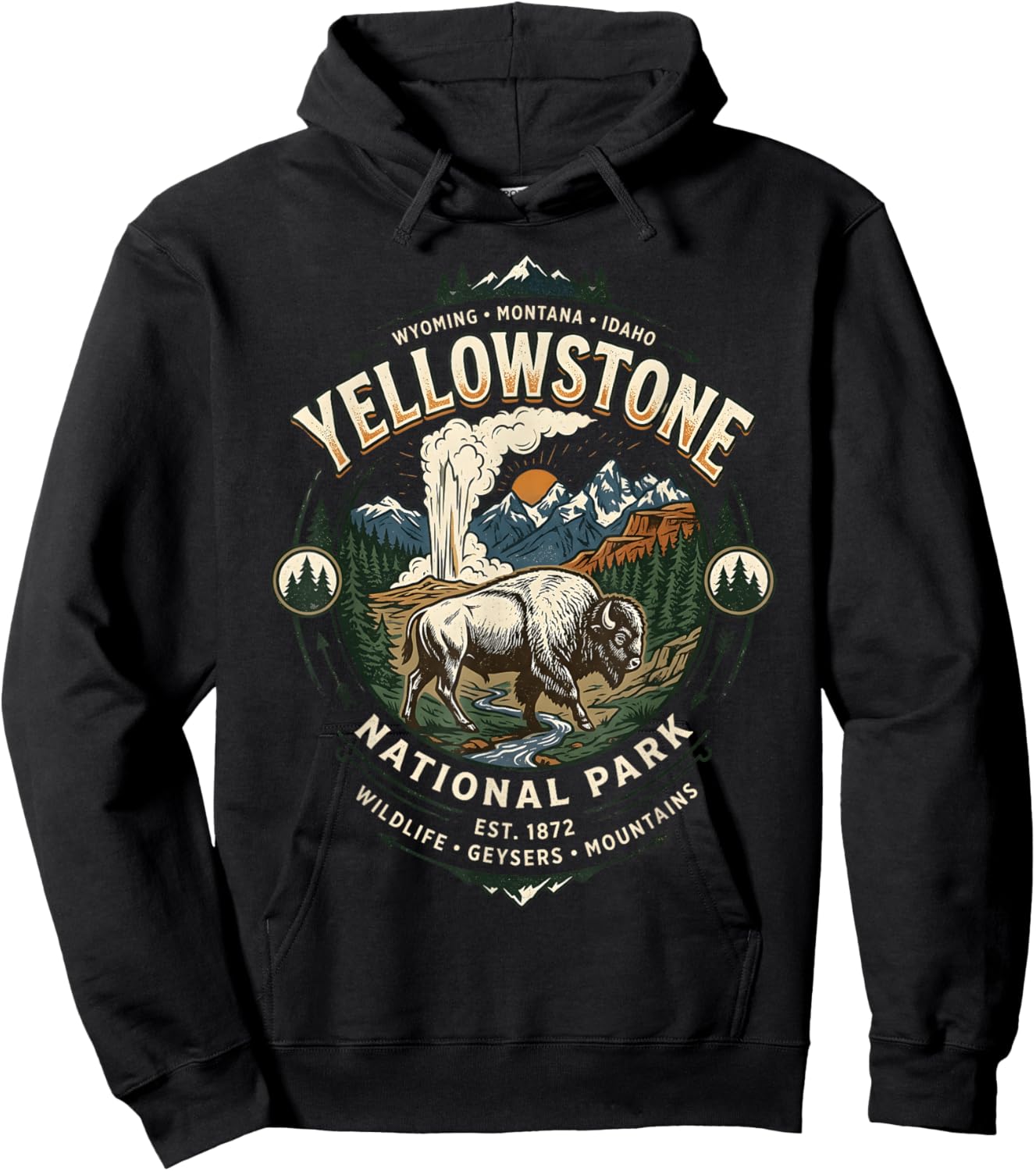 Yellowstone National Park Vintage Bison and Geyser Emblem Hoodie - Hoodie | Black