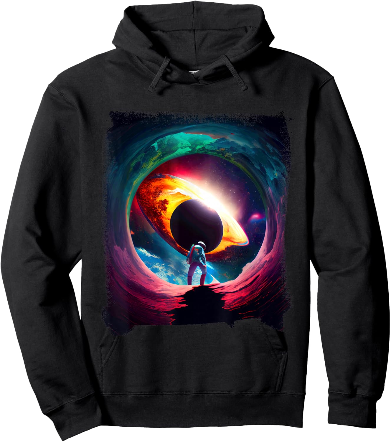Vibrant Cosmic Astronaut Black Hole Hoodie - Hoodie | Black