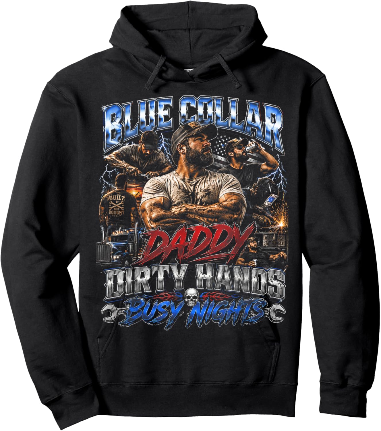 Blue Collar Daddy Dirty Hands Busy Nights Retro Hoodie - Hoodie | Black