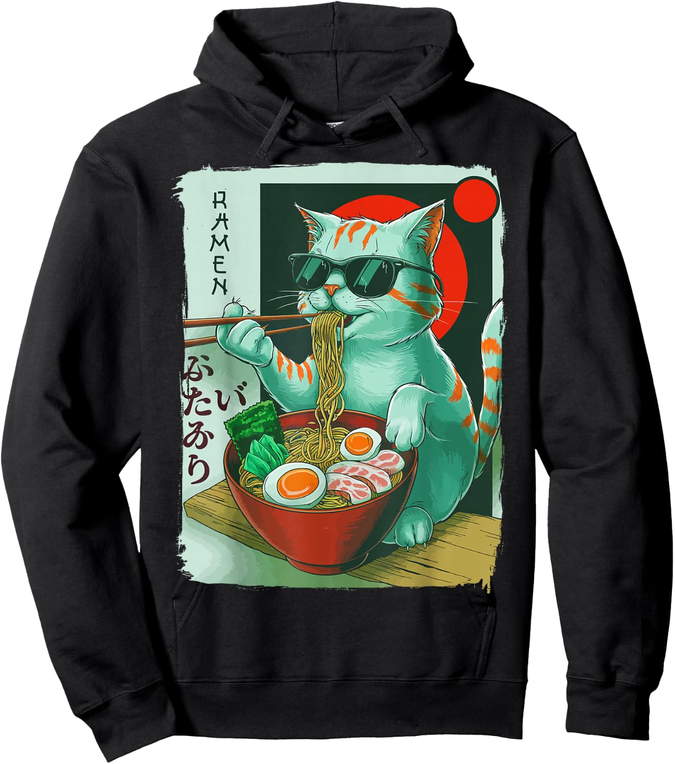 Funny Cat Eating Ramen Graphic Japanese Kawaii Otaku Anime Hoodie - Hoodie | Black