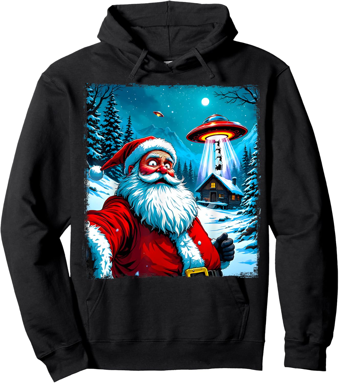 Santa Claus Alien Abduction Christmas UFO Encounter Cartoon Hoodie - Hoodie | Black