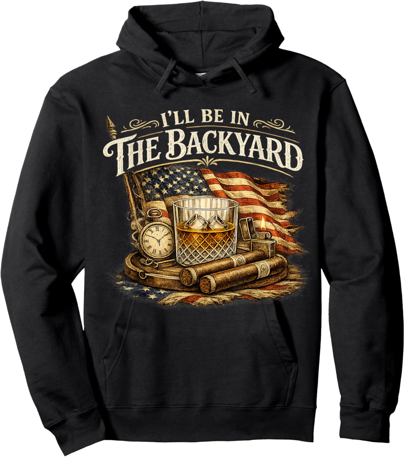 I'll Be in The Backyard Cigar and Bourbon Vintage USA Flag Hoodie - Hoodie | Black