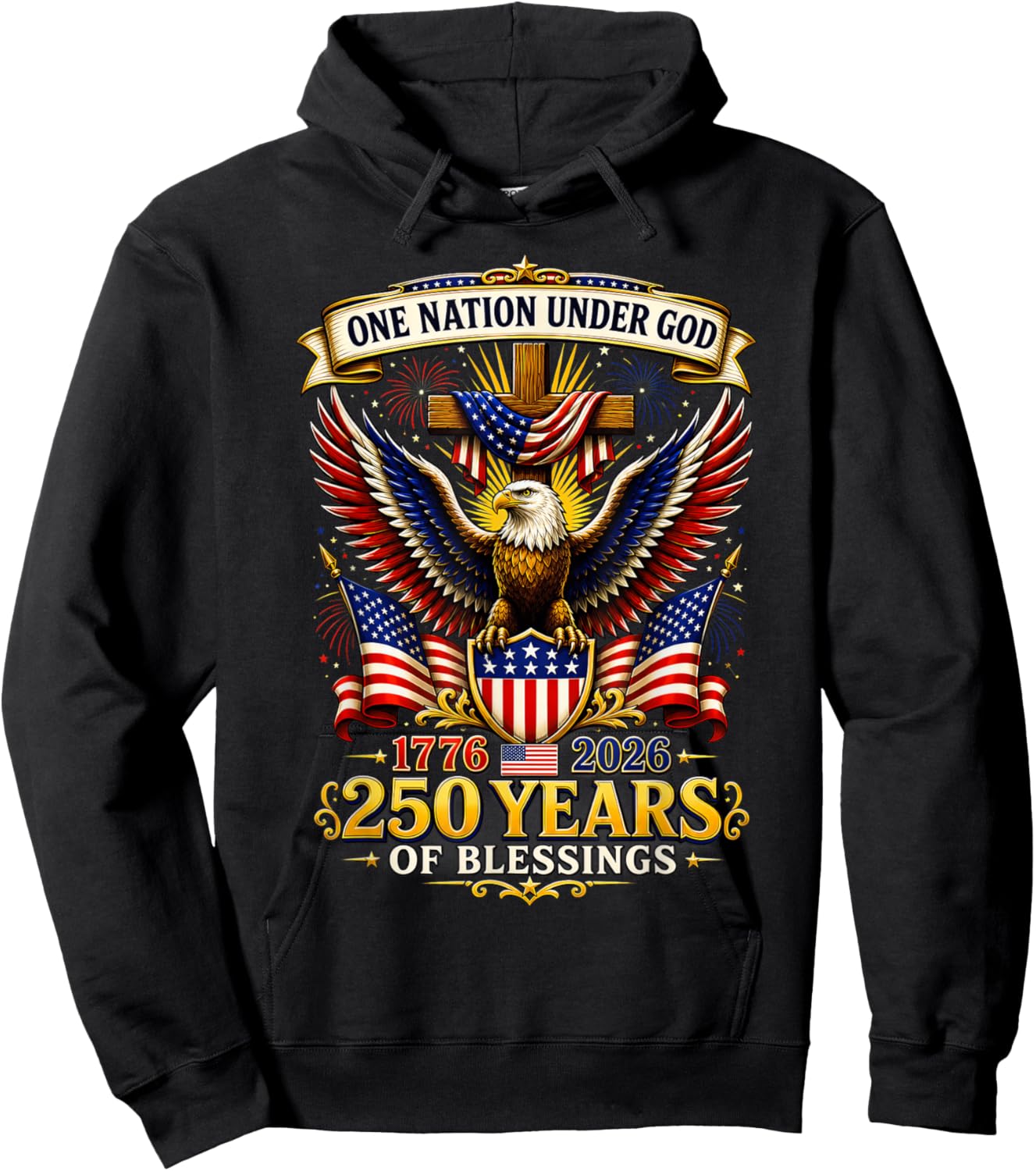 One Nation Under God 1776 2026 Patriotic USA Flag Hoodie - Hoodie | Black