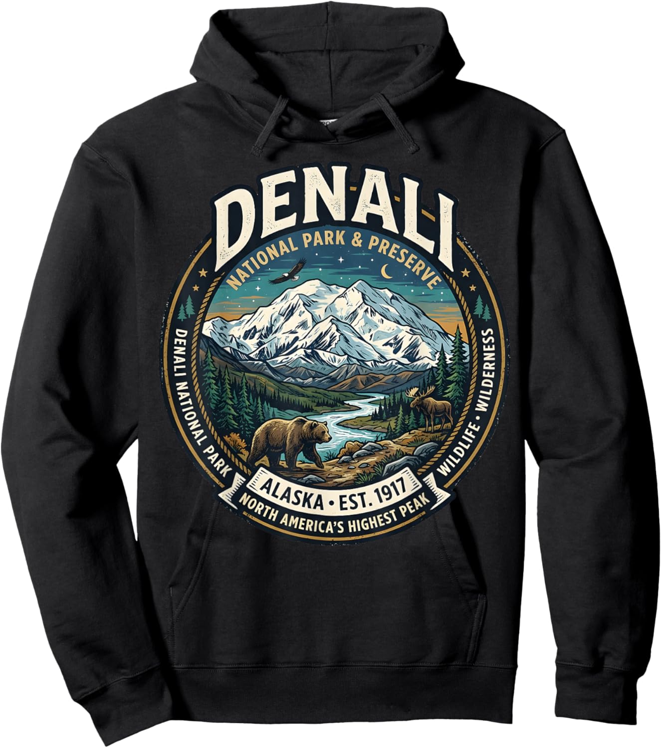 Denali National Park Alaska Mountain Wildlife Vintage Badge Hoodie - Hoodie | Black