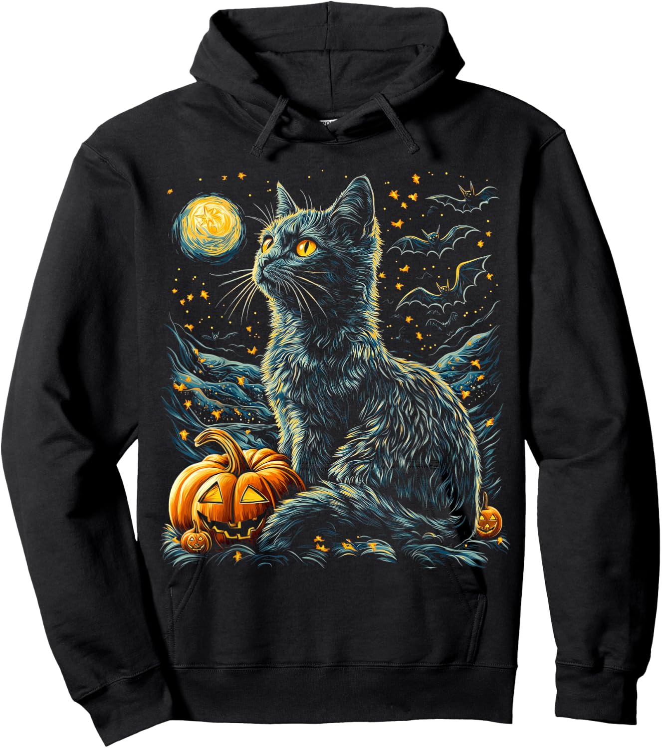 Halloween Van Gogh Starry Night Black Cat Pumpkins Bats Hoodie - Hoodie | Black