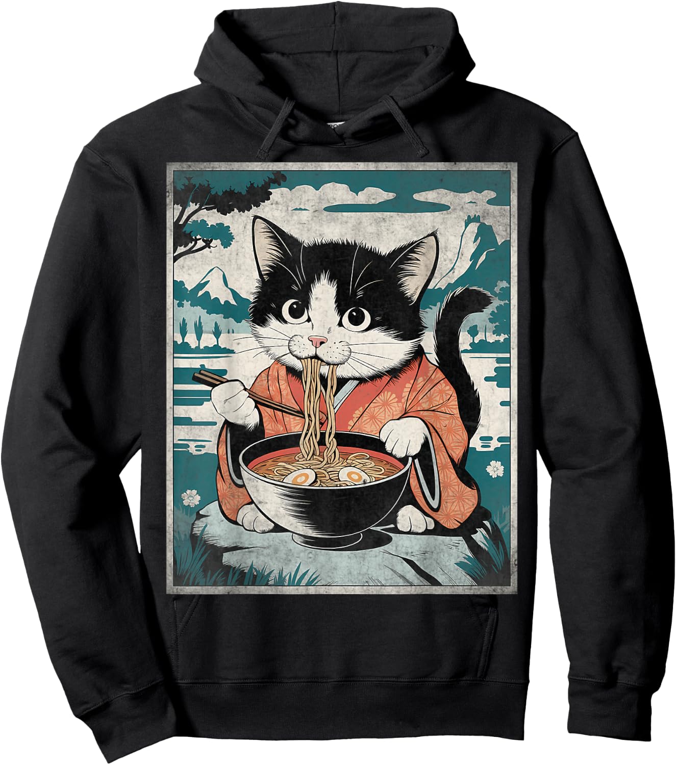 Kawaii Kimono Cat Eating Ramen Noodles Japanese Anime Manga Hoodie - Hoodie | Black